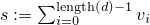 $s := \sum_{i=0}^{\mathrm{length}(d)-1} v_i$