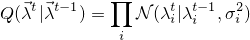 \[ Q(\vec{\lambda}^{t}|\vec{\lambda}^{t-1}) = \prod_{i} \mathcal{N}(\lambda_i^{t}|\lambda_i^{t-1},\sigma_i^2)\]